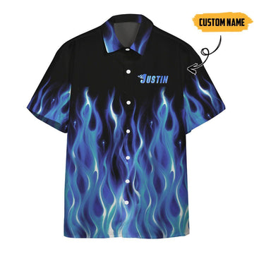 Gearhumans 3D Hot Rod Blue Flame Bowling Custom Name Hawaii Shirt GO28052113 Hawai Shirt Short Sleeve Shirt S 
