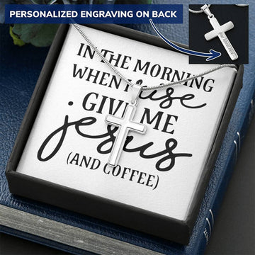 Gearhumans 3D Jesus And Coffee Personalized Cross Necklace Custom Text