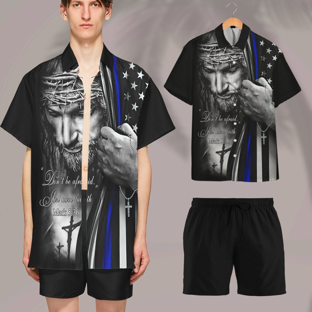 Gearhumans 3D Jesus Christ Blue Line Flag Custom Short Sleeve Shirt GW04052123 Hawai Shirt 