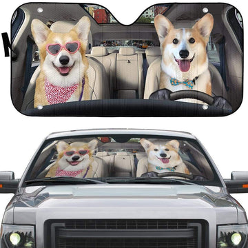 Gearhumans 3D Love Corgi Dogs In Car Custom Car Auto Sunshade