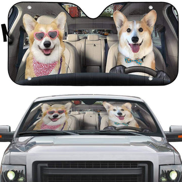 gearhumans 3D Love Corgi Dogs In Car Custom Car Auto Sunshade GV230619 Auto Sunshade 