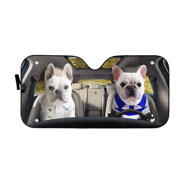 Gearhumans 3D Love Couple White French Bulldog In Car Custom Car Auto Sunshade