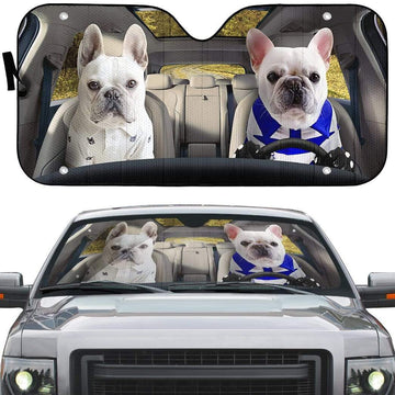 Gearhumans 3D Love Couple White French Bulldog In Car Custom Car Auto Sunshade