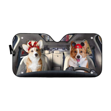 Gearhumans 3D Lovely Couple Corgi Dogs In Car Custom Car Auto Sunshade
