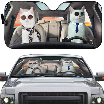 Gearhumans 3D Lovely Couple White Cats Custom Car Auto Sunshade