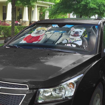 Gearhumans 3D Loving White Bulldogs Couple Custom Car Auto Sunshade