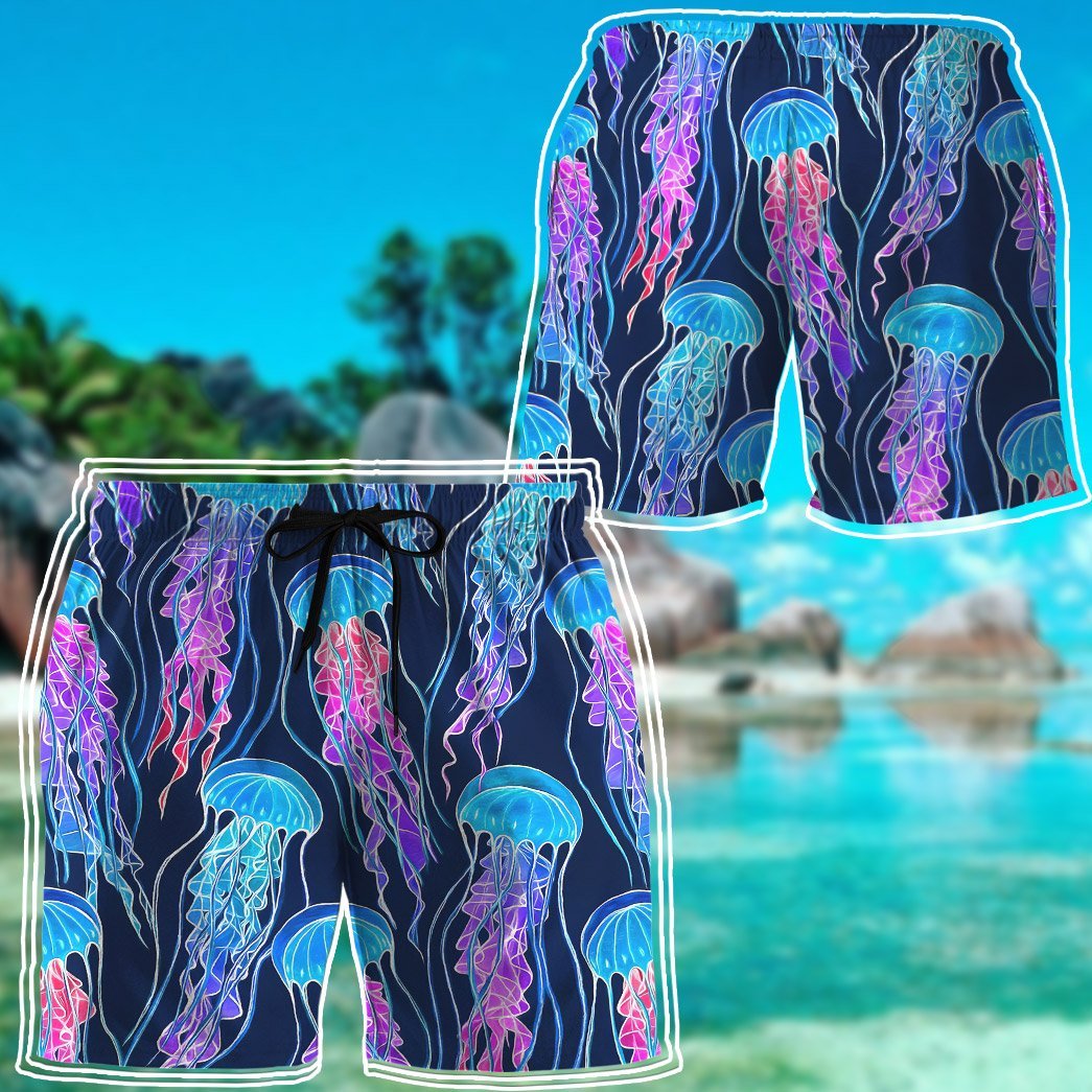 Gearhumans 3D Luminescent Rainbow Jellyfish Custom Beach Shorts Swim T