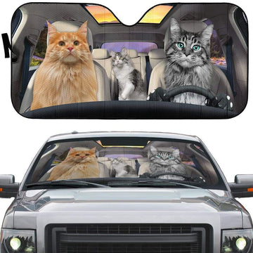 Gearhumans 3D Maine Coon Cat Family Custom Car Auto Sunshade