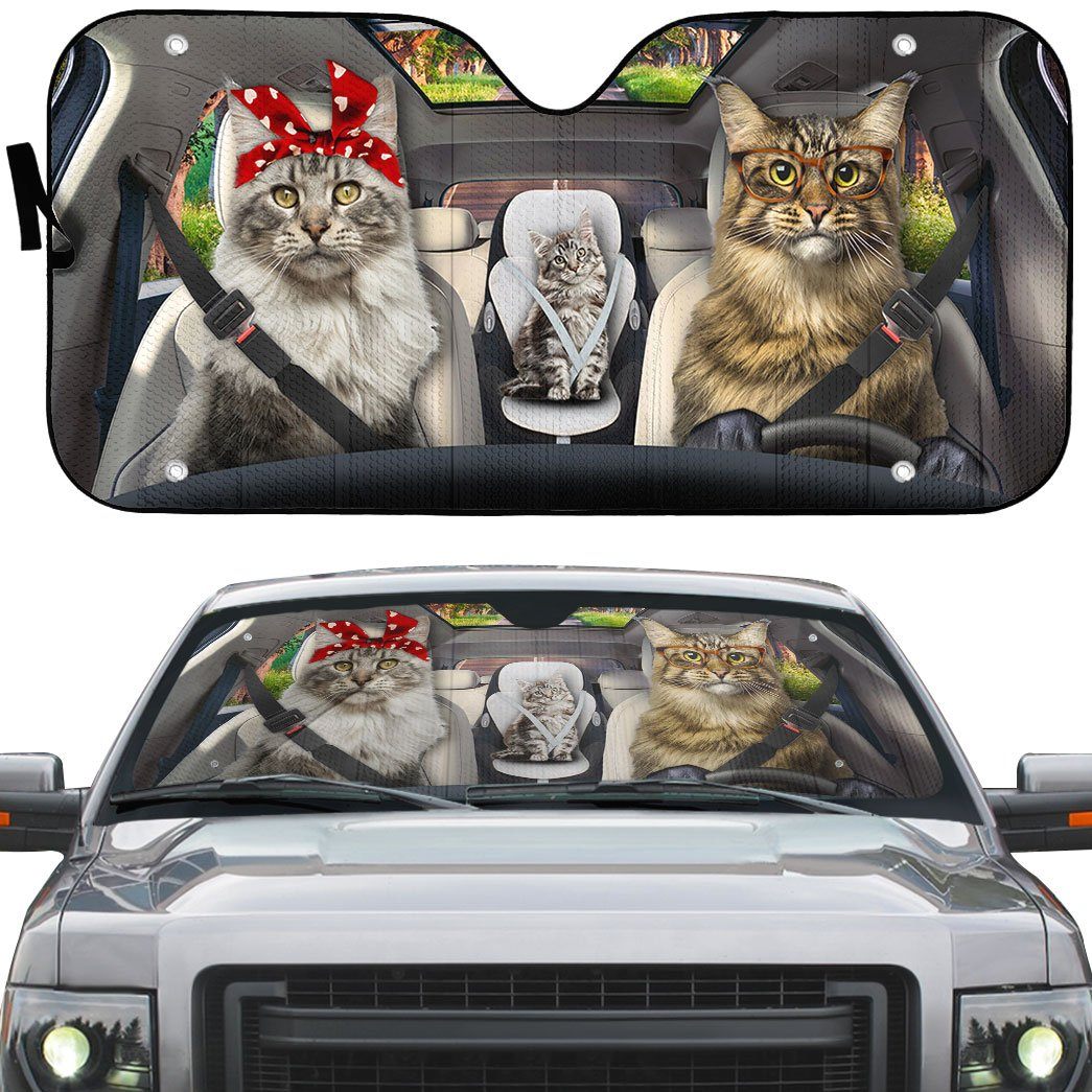 Gearhumans 3D Maine Coon Cat Family Custom Car Auto Sunshade GW23042112 Auto Sunshade 