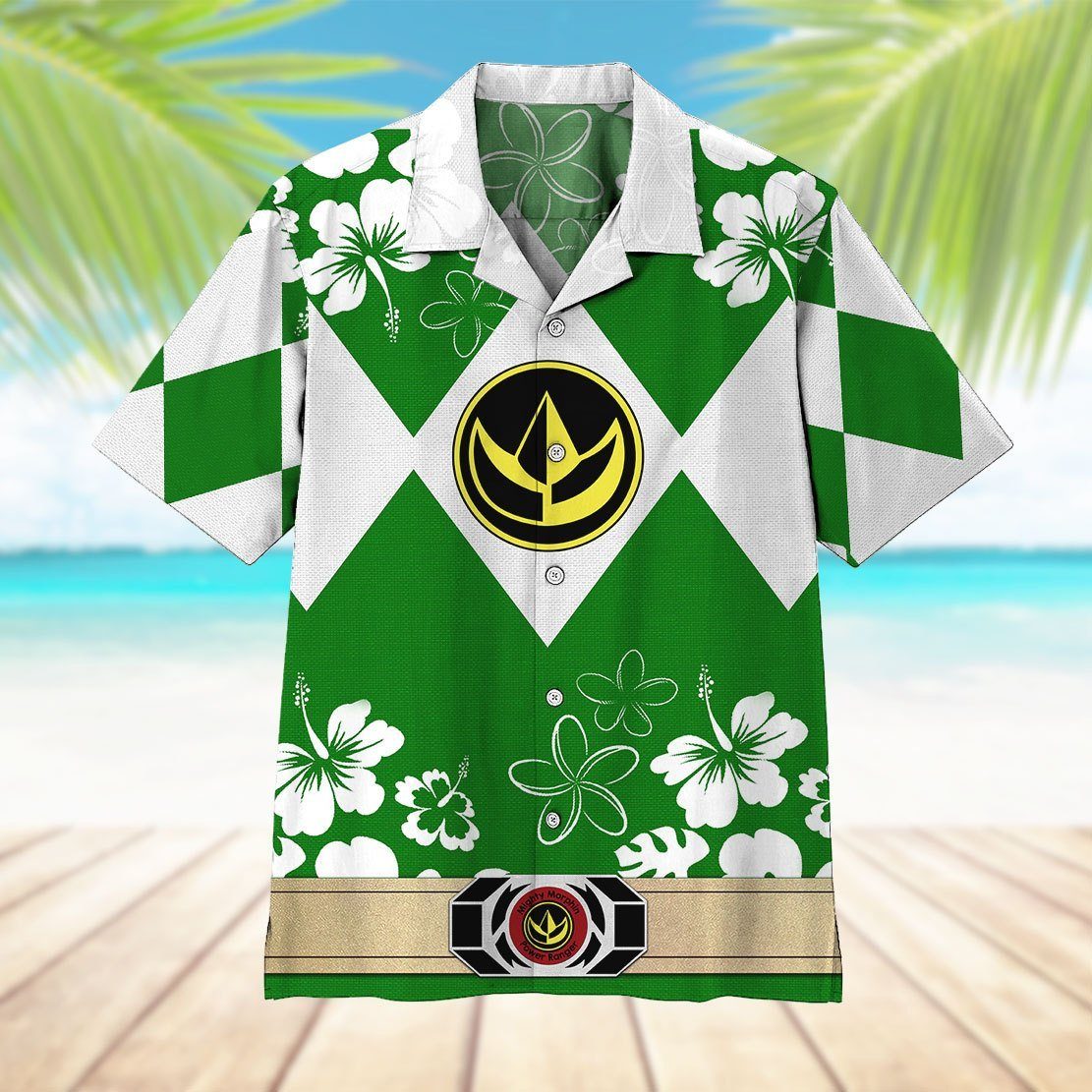 Gearhumans 3D Mighty Morphin Power Ranger Green Hawaii Shirt ZZ16045 Hawai Shirt 