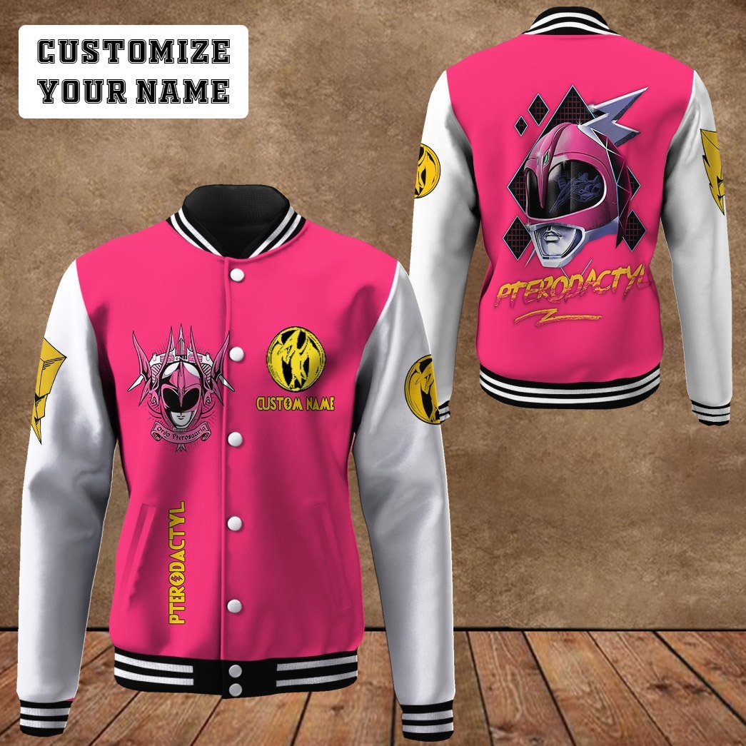 Gearhumans 3D Mighty Morphin Power Ranger Pink Custom Name Baseball Jacket GK20013 Baseball Jacket 