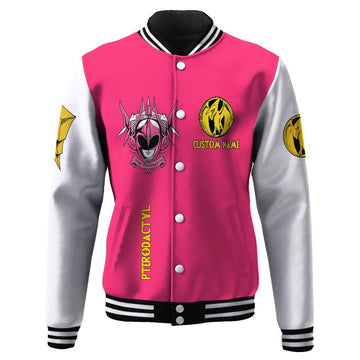 Gearhumans 3D Mighty Morphin Power Ranger Pink Custom Name Baseball Jacket GK20013 Baseball Jacket Baseball Jacket S 