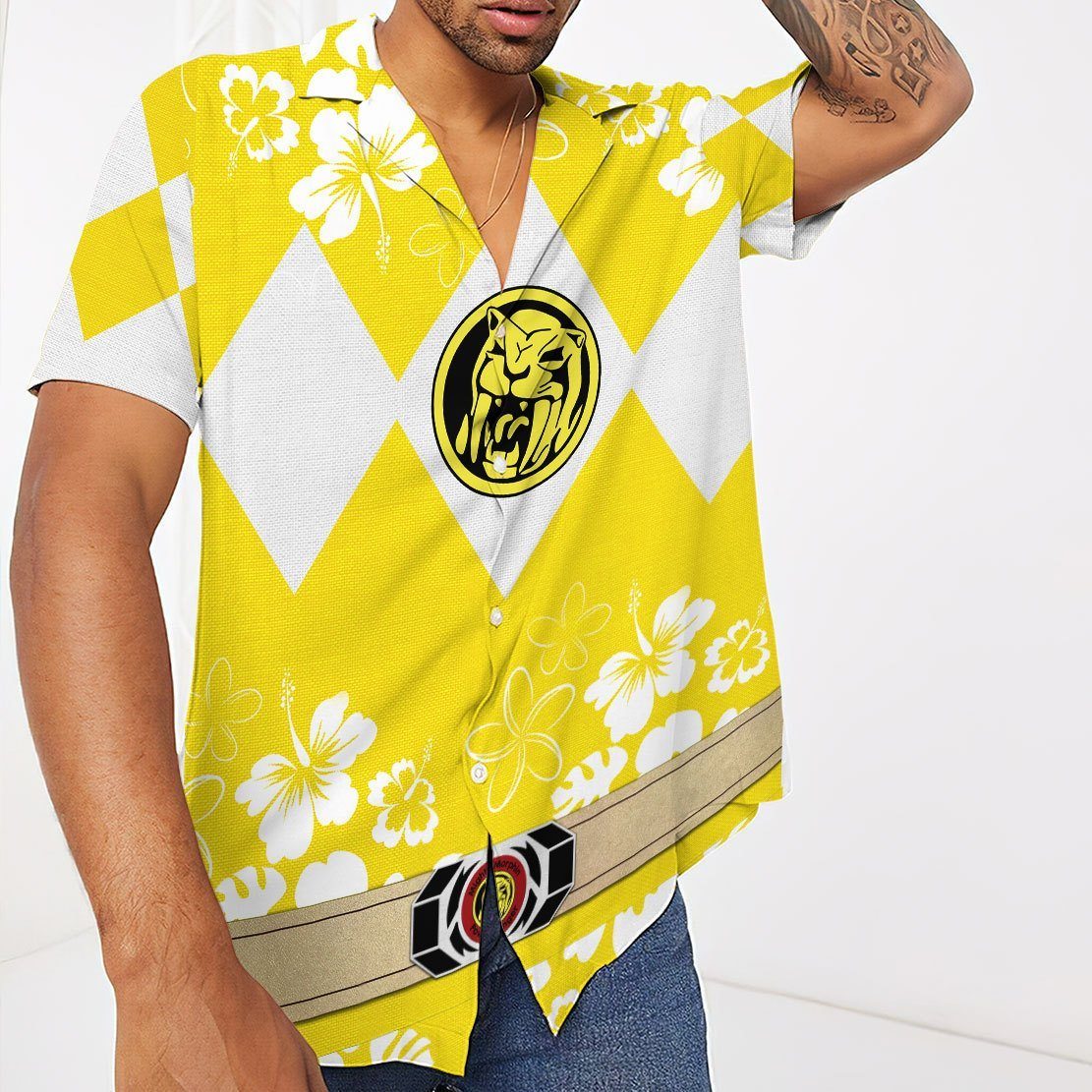 Gearhumans 3D Mighty Morphin Power Ranger Yellow Hawaii Shirt ZZ16043 Hawai Shirt 