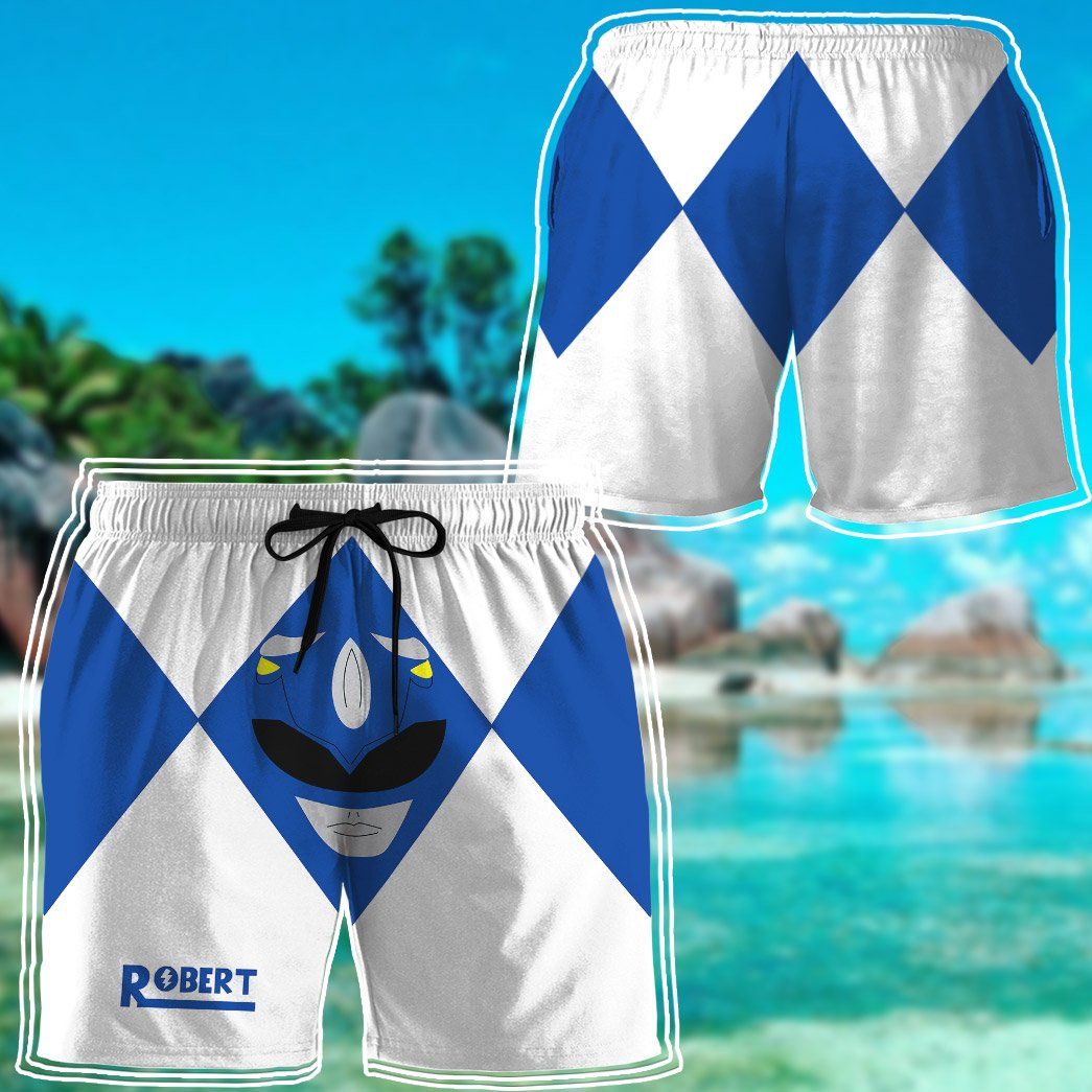 Gearhumans 3D Mighty Morphin Power Rangers Blue Ranger Custom Name Beach Shorts Swim Trunk GW0206216 Men Shorts 