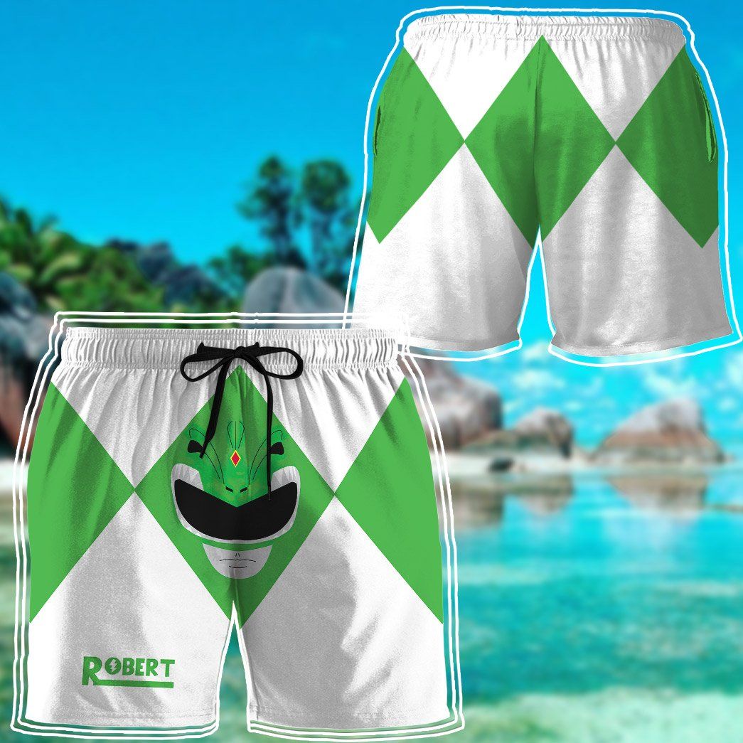 Gearhumans 3D Mighty Morphin Power Rangers Green Ranger Custom Name Beach Shorts Swim Trunk GW0206215 Men Shorts 