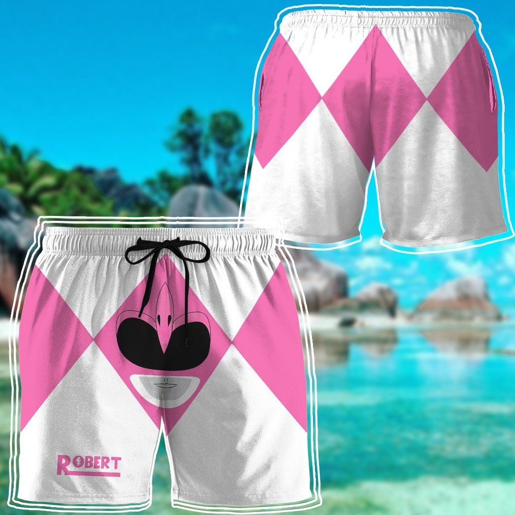Gearhumans 3D Mighty Morphin Power Rangers Pink Ranger Custom Name Beach Shorts Swim Trunk GW0206214 Men Shorts 