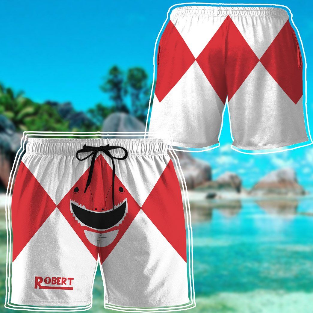 Gearhumans 3D Mighty Morphin Power Rangers Red Ranger Custom Name Beach Shorts Swim Trunk GW0206211 Men Shorts 