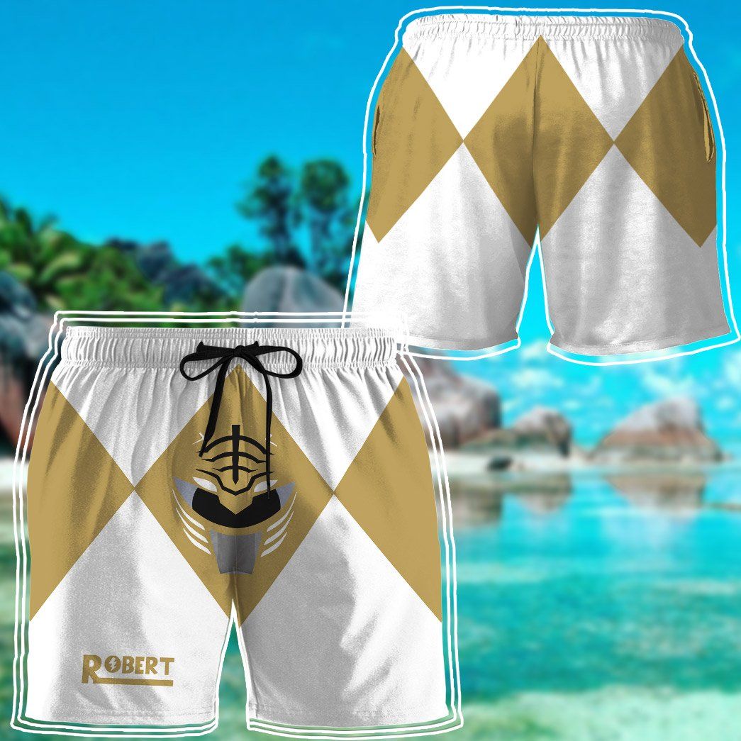 Gearhumans 3D Mighty Morphin Power Rangers White Ranger Custom Name Beach Shorts Swim Trunk GW04062153 Men Shorts 