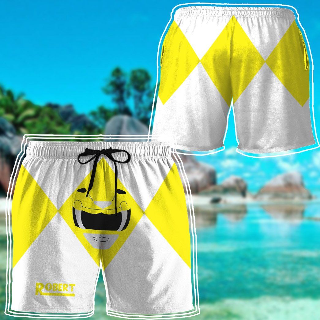 Gearhumans 3D Mighty Morphin Power Rangers Yellow Ranger Custom Name Beach Shorts Swim Trunk GW0206213 Men Shorts 
