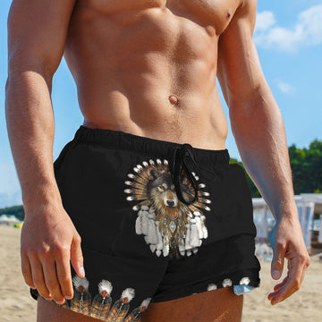 Gearhumans 3D Native American Wolf Custom Beach Shorts Swim Trunks