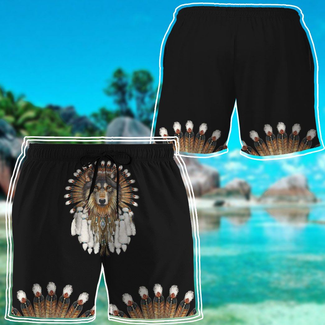 Gearhumans 3D Native American Wolf Custom Beach Shorts Swim Trunks GS11052126 Men Shorts 