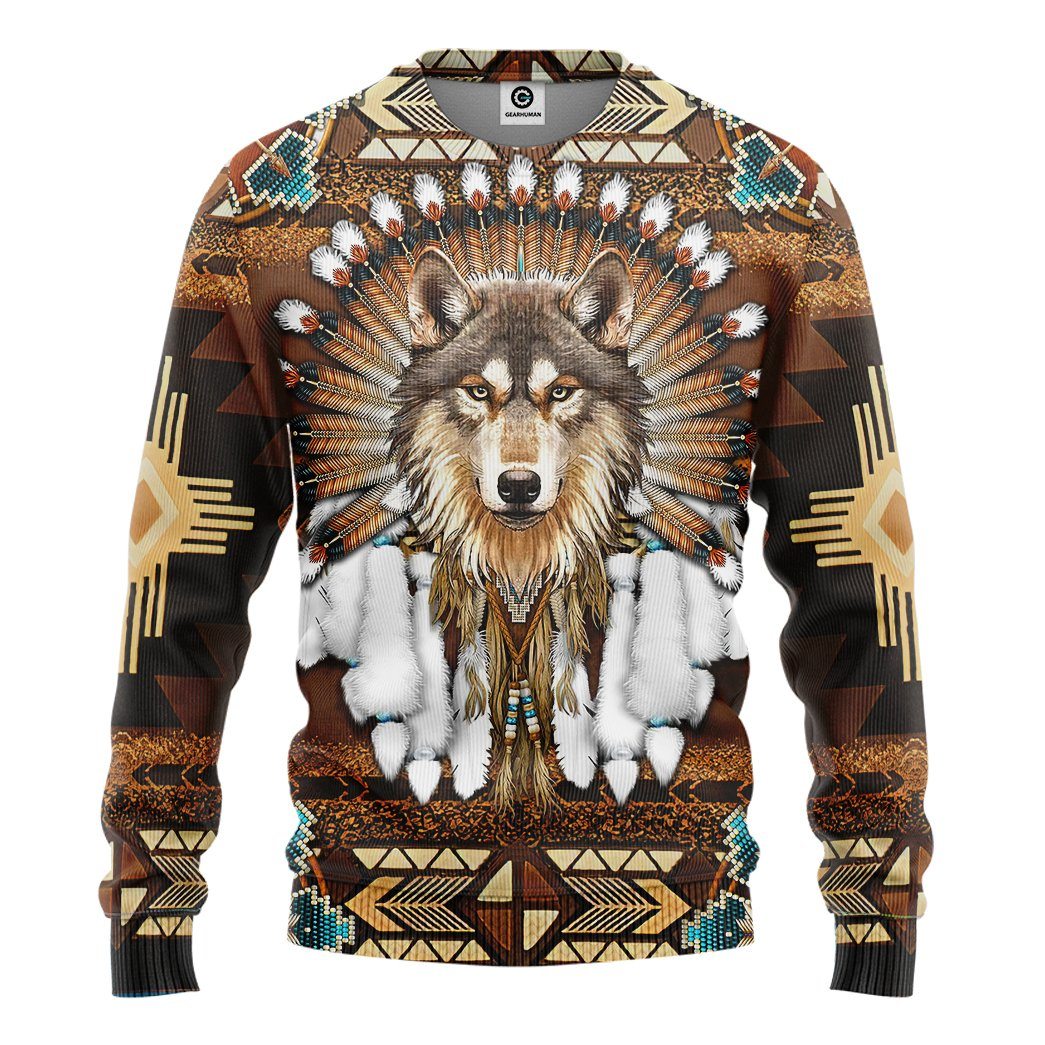 Gearhumans 3D Native American Wolf Tshirt Hoodie Apparel GB19036 3D Apparel Long Sleeve S