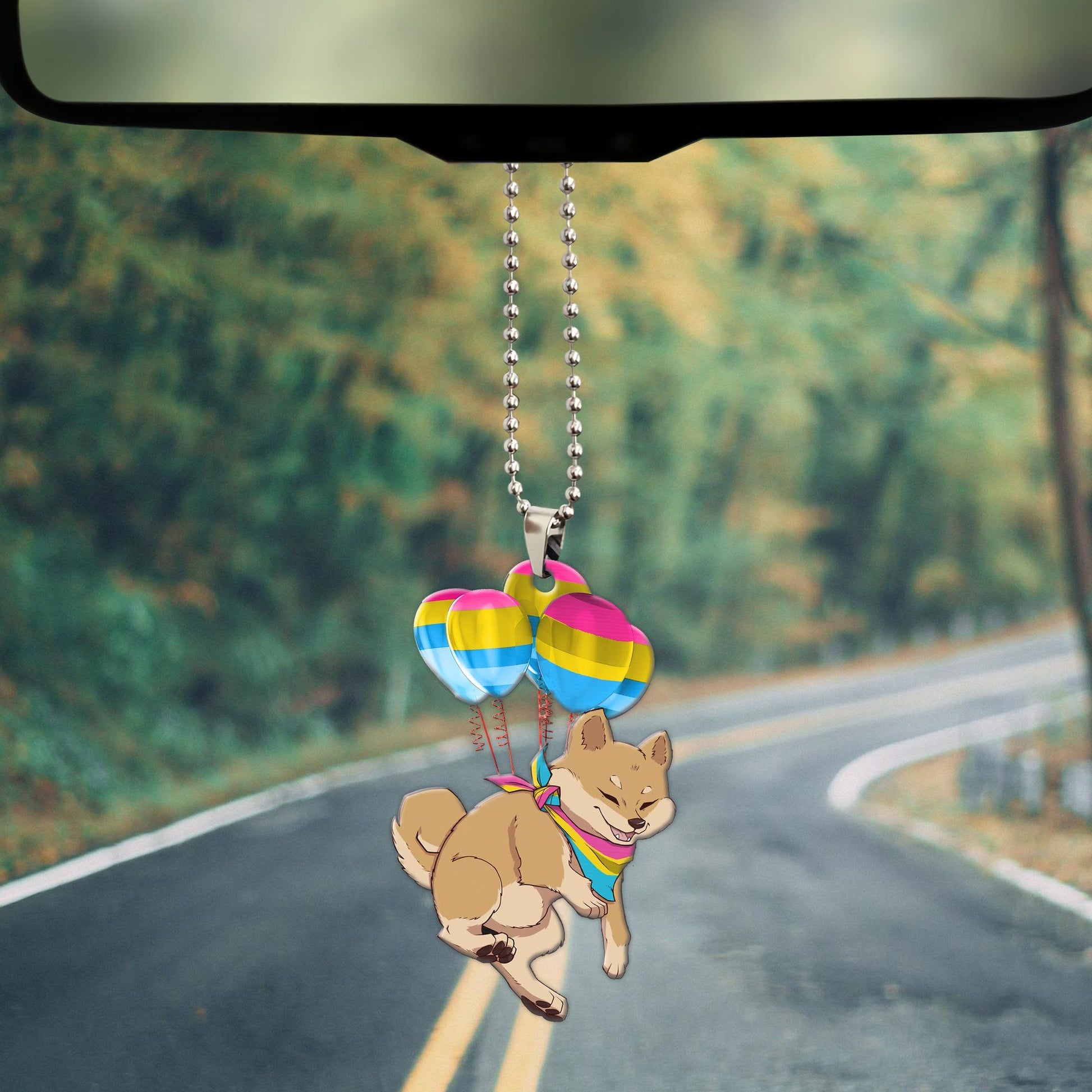 Gearhumans 3D Pans Pride Shiba Inu Fly With Balloons Custom Car Hanging GS25052117 Car Hanging 