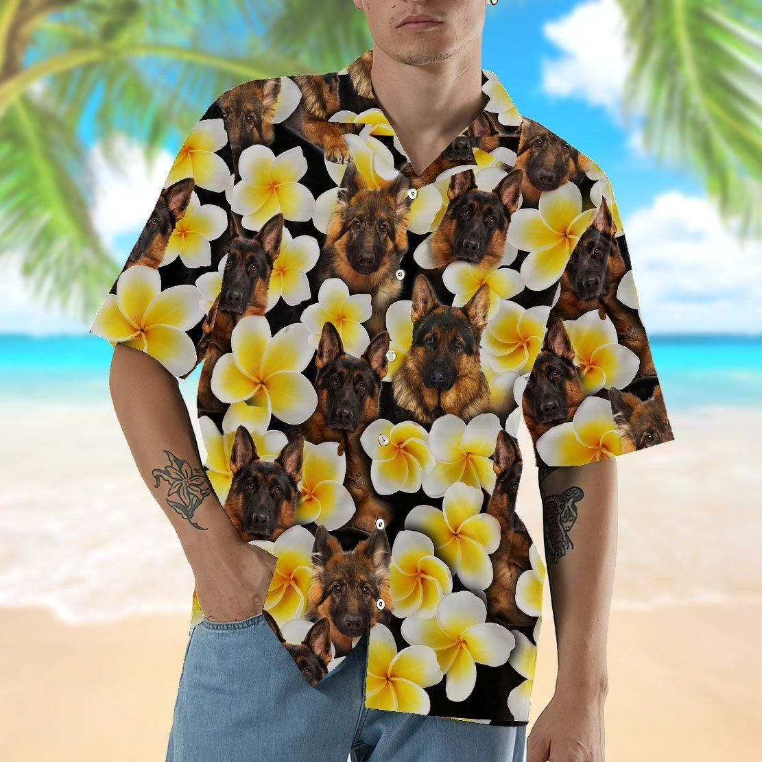 Gearhumans 3D Plumeria German Shepherd Hawaii Shirt ZZ06046 Hawai Shirt 