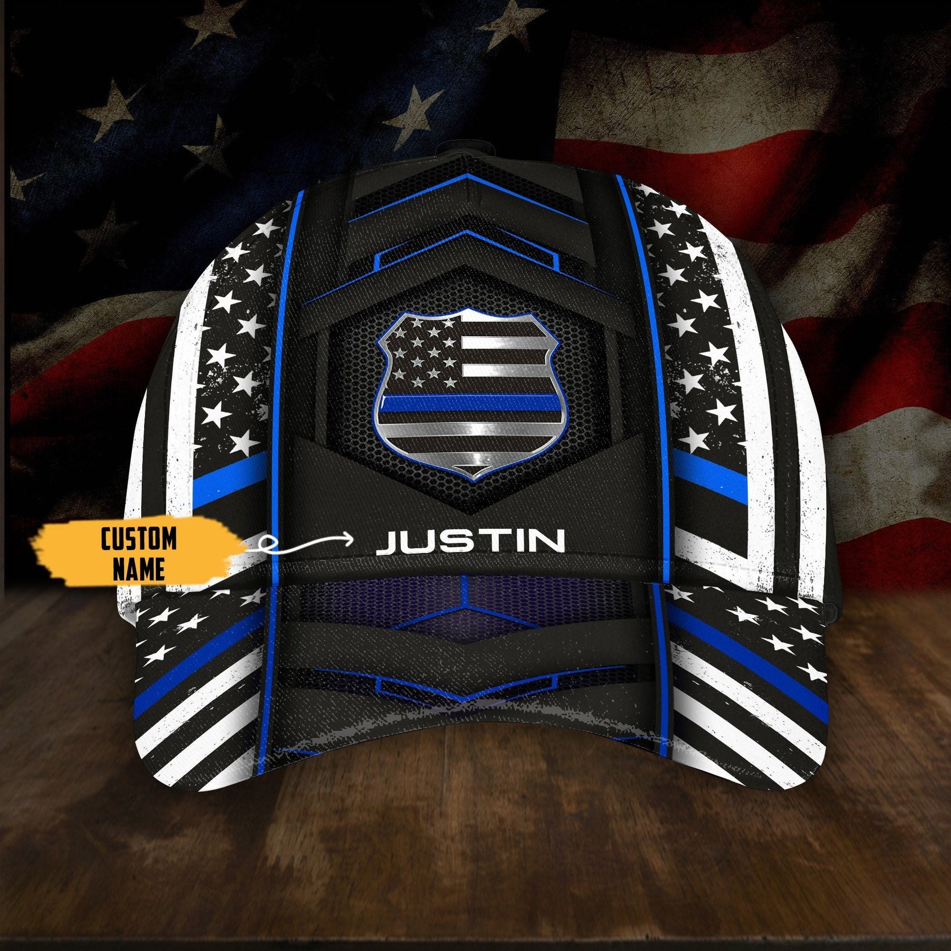 Gearhumans 3D Police Blue Flag Custom Name Cap GW02046 Cap