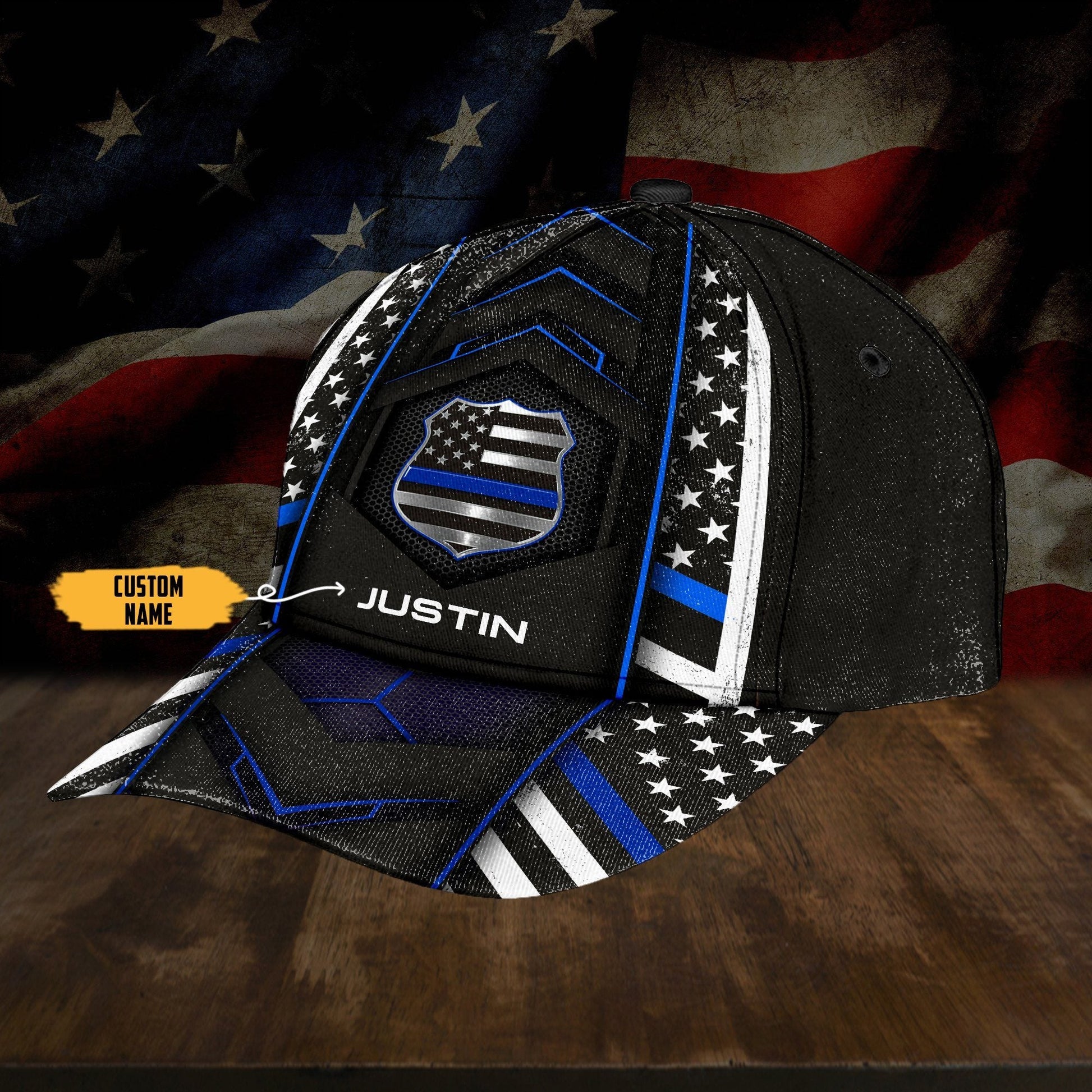 Gearhumans 3D Police Blue Flag Custom Name Cap GW02046 Cap
