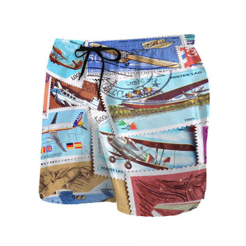 Gearhumans 3D Postage Stamp Airplanes Custom Beach Shorts Swim Trunks GS13052113 Men Shorts 