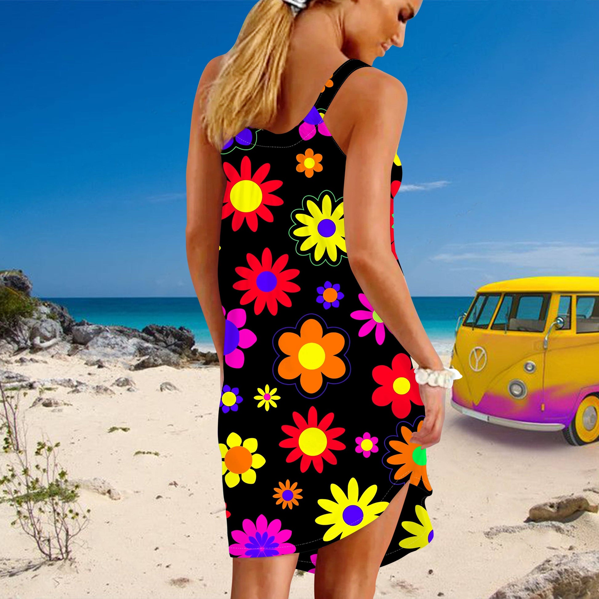 Gearhumans 3D Retro Hippie Flowers Garden Custom Sleeveless Beach Dres