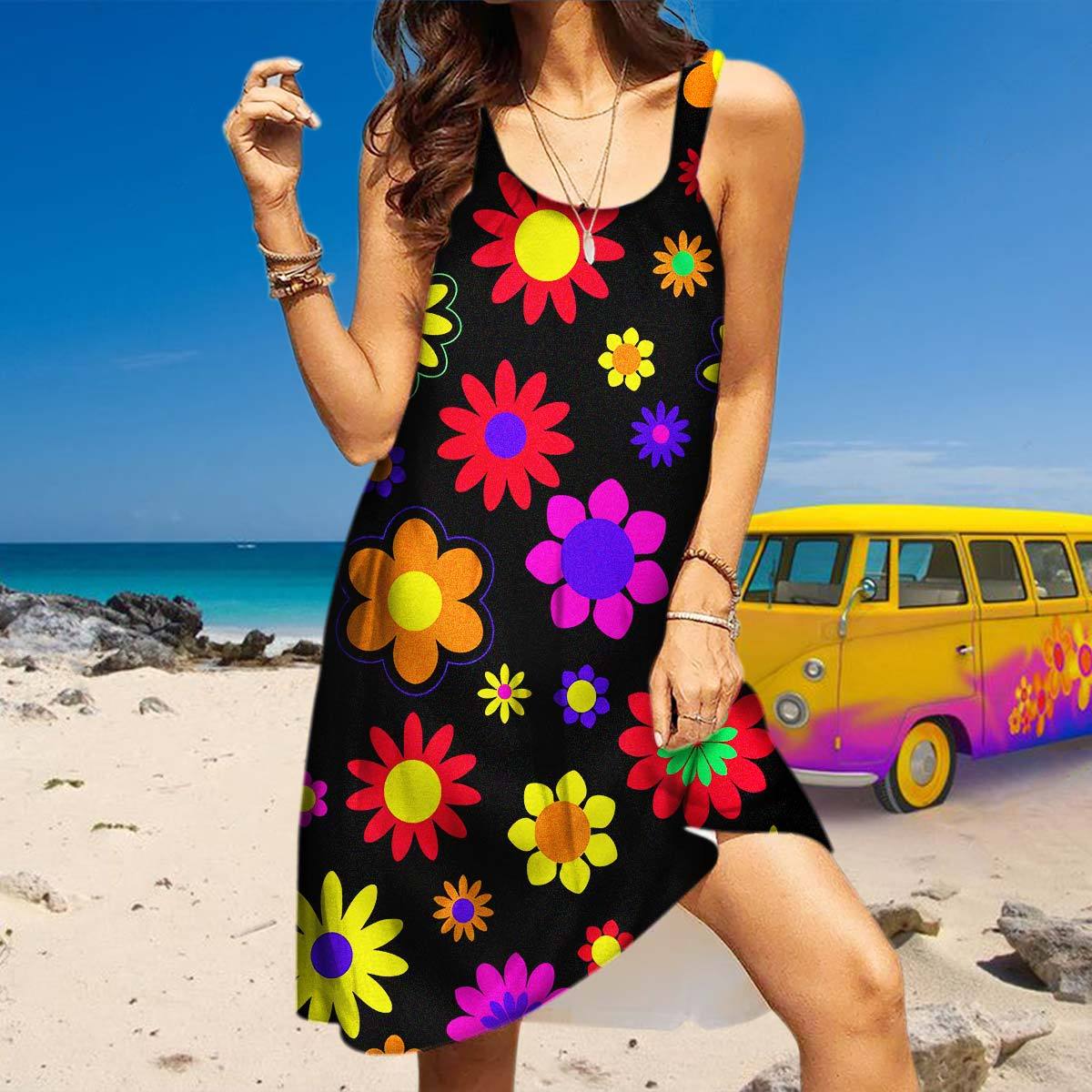Gearhumans 3D Retro Hippie Flowers Garden Custom Sleeveless Beach Dress GO23062119 Beach Dress 