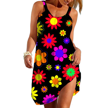 Gearhumans 3D Retro Hippie Flowers Garden Custom Sleeveless Beach Dress GO23062119 Beach Dress Beach Dress S 