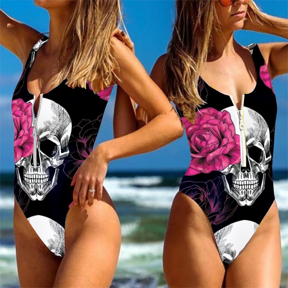 Gearhumans 3D Roses Skull Custom One Piece Swimsuit GW24052120 One-piece Swimsuit 