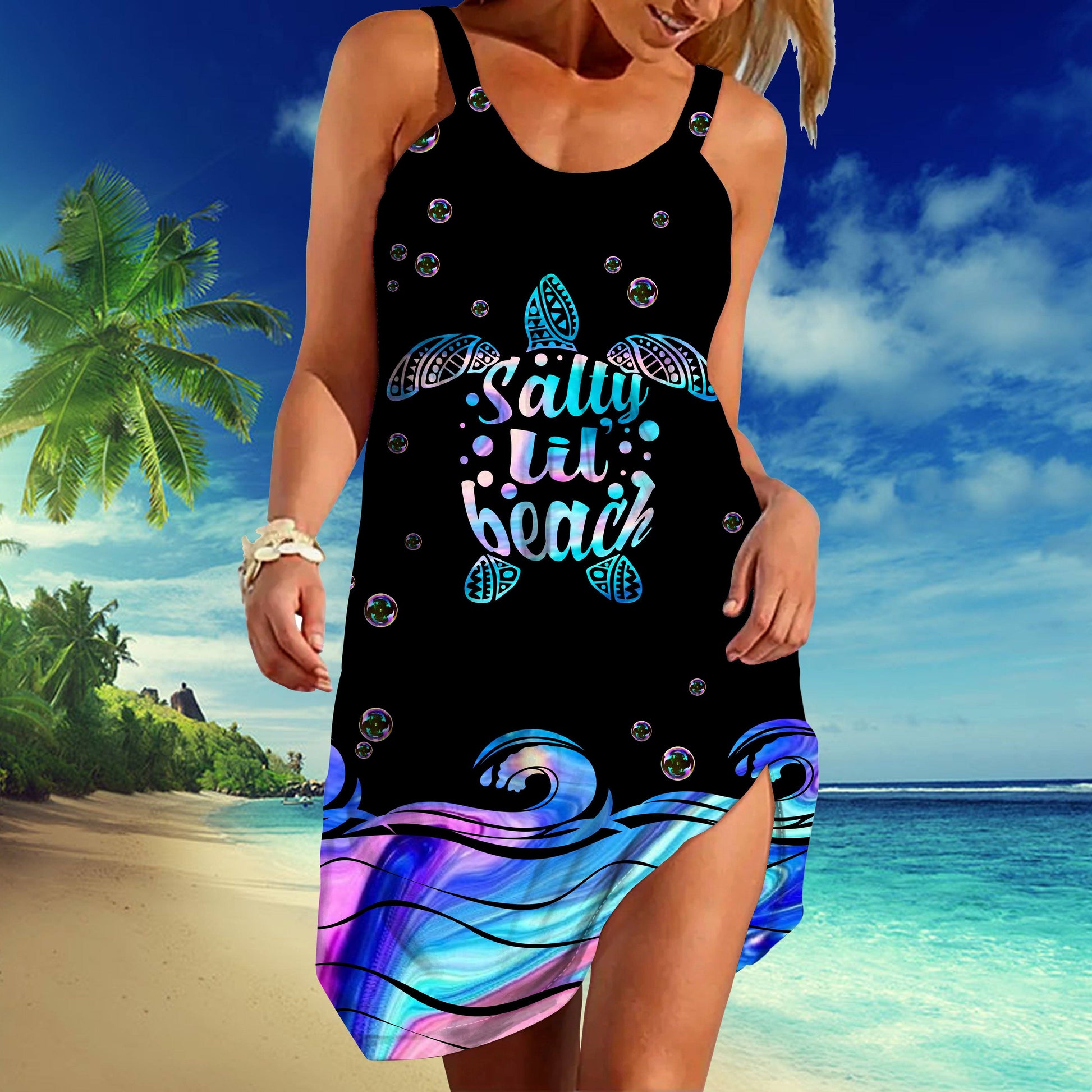 Gearhumans 3D Salty In Beach Turtle Hologram Custom Sleeveless Beach Dress GS24062133 Beach Dress 