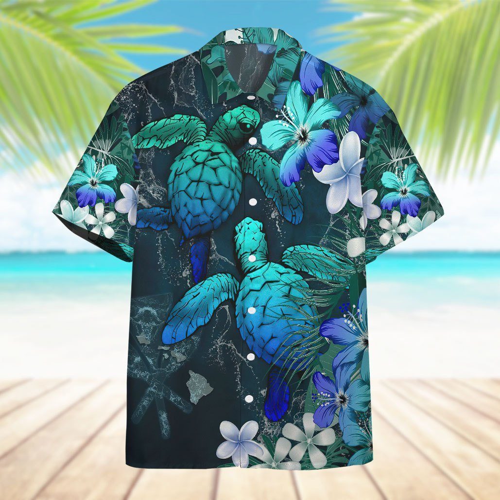 Gearhumans 3D Sea Turtle Tropical Hibiscus And Plumeria Blue Hawaii Sh