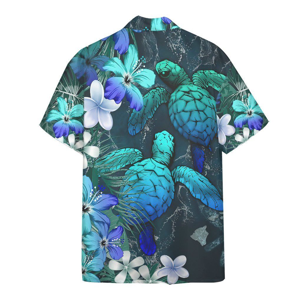 Gearhumans 3D Sea Turtle Tropical Hibiscus And Plumeria Blue Hawaii Sh