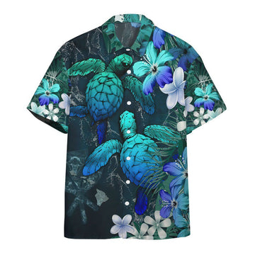 Gearhumans 3D Sea Turtle Tropical Hibiscus And Plumeria Blue Hawaii Shirt