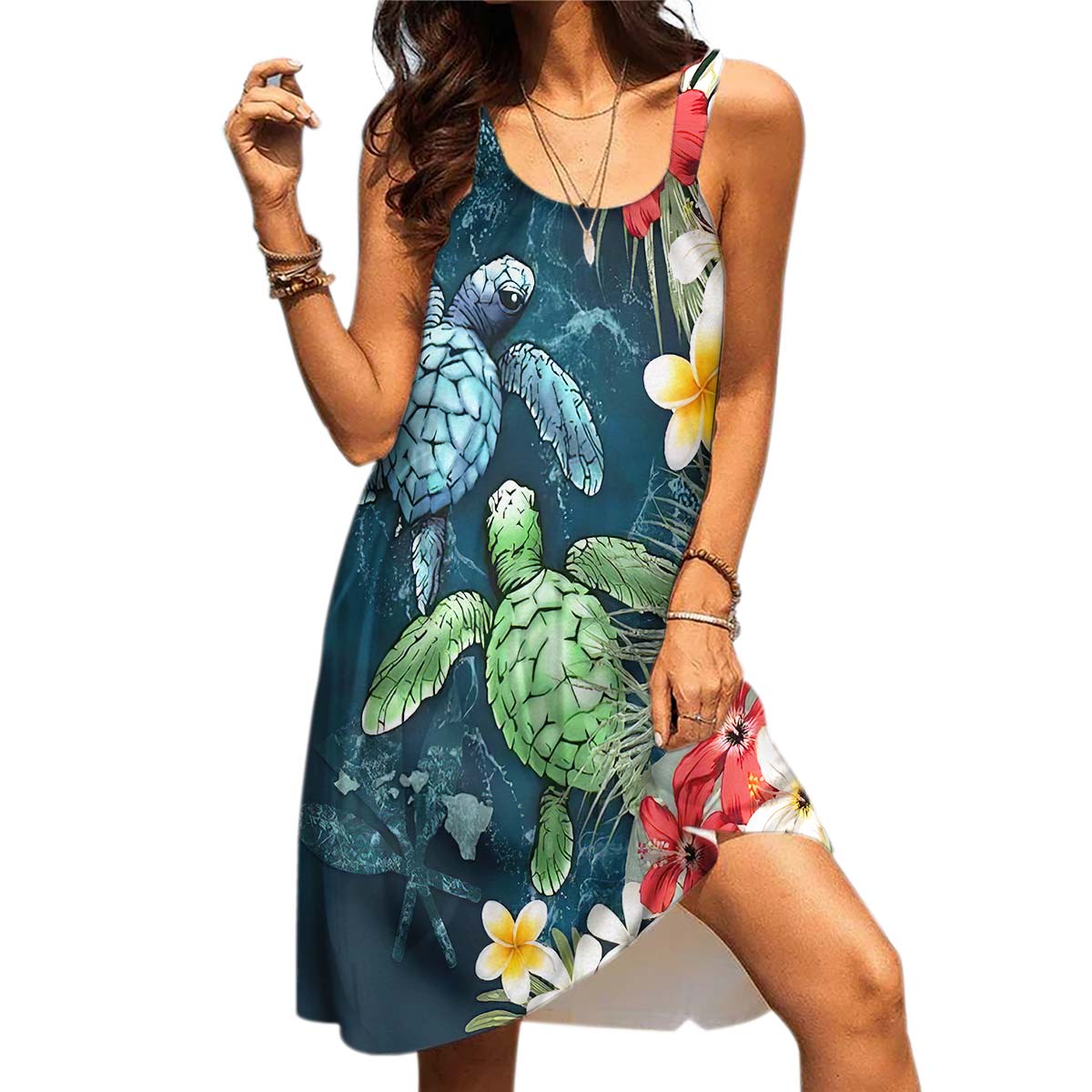 Gearhumans 3D Sea Turtle Tropical Hibiscus And Plumeria Custom Sleeveless Beach Dress GS23062115 Beach Dress 