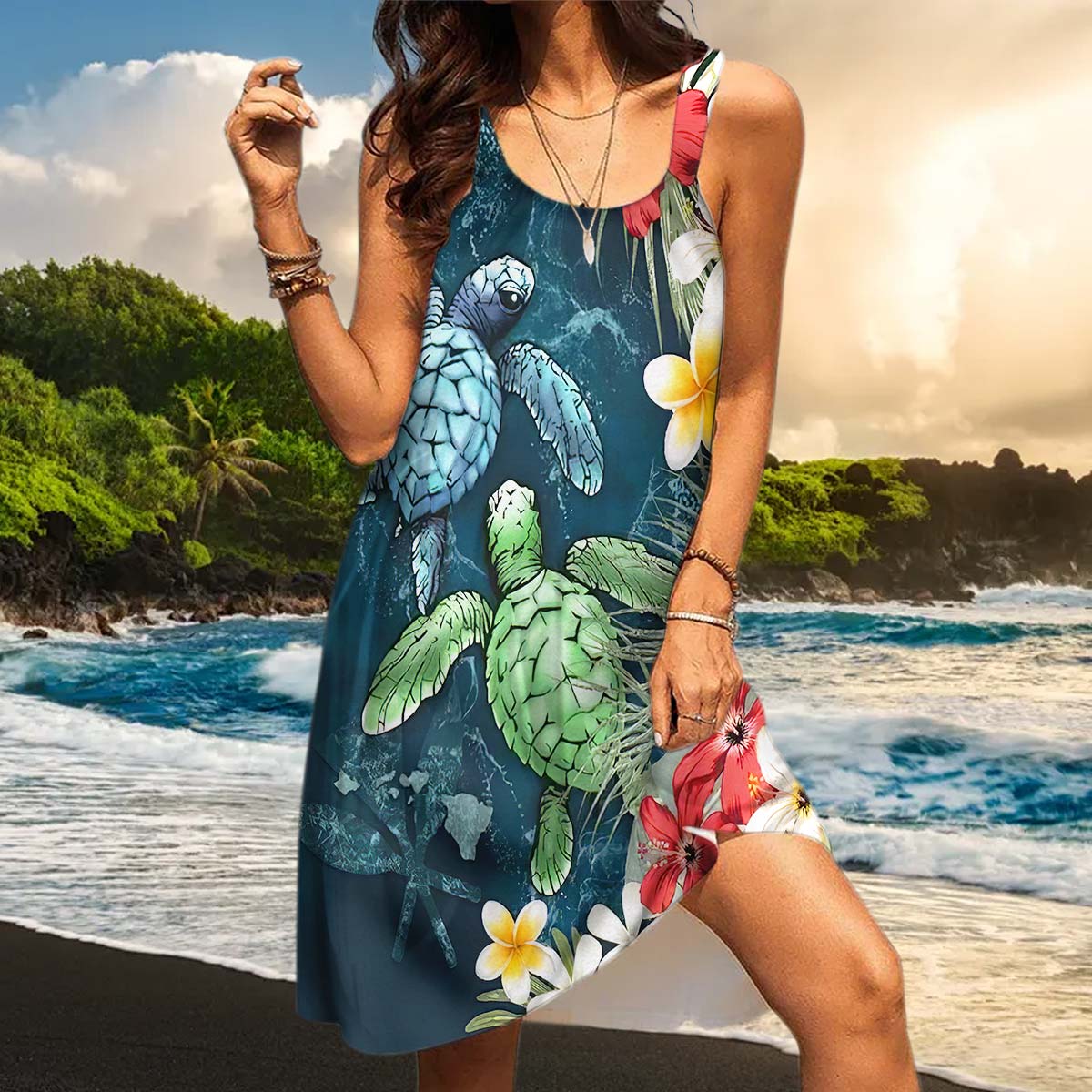 Gearhumans 3D Sea Turtle Tropical Hibiscus And Plumeria Custom Sleeveless Beach Dress GS23062115 Beach Dress 
