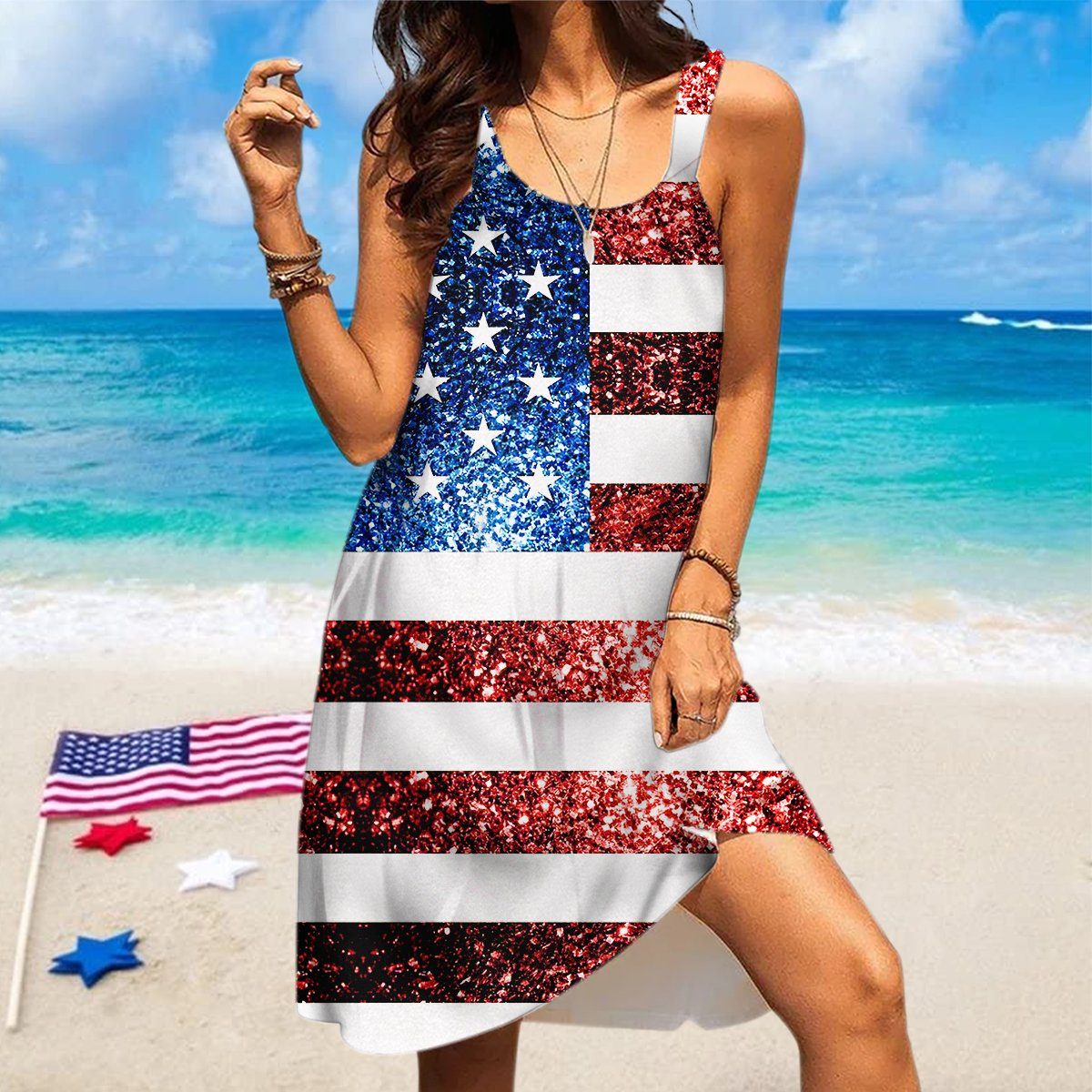 Gearhumans 3D Sparkle American Flag Custom Sleeveless Beach Dress GO18062119 Beach Dress 
