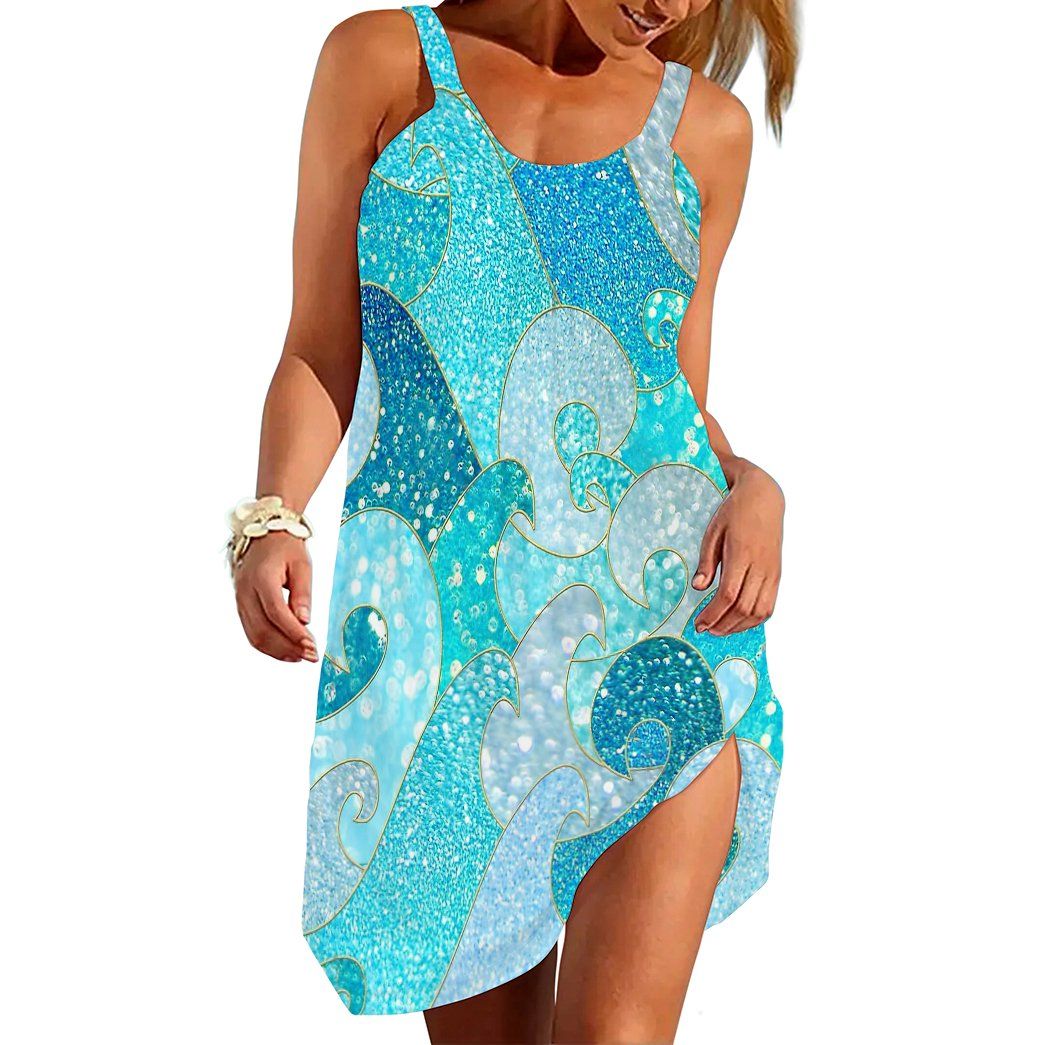 Gearhumans 3D Sparkle Mermaid Waves Custom Sleeveless Beach Dress GO15062116 Beach Dress Beach Dress S 
