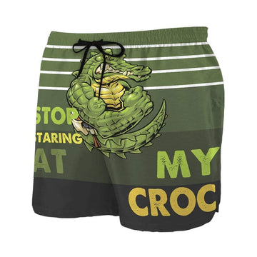 Gearhumans 3D Stop staring at my croc Beach Shorts Swim Trunks