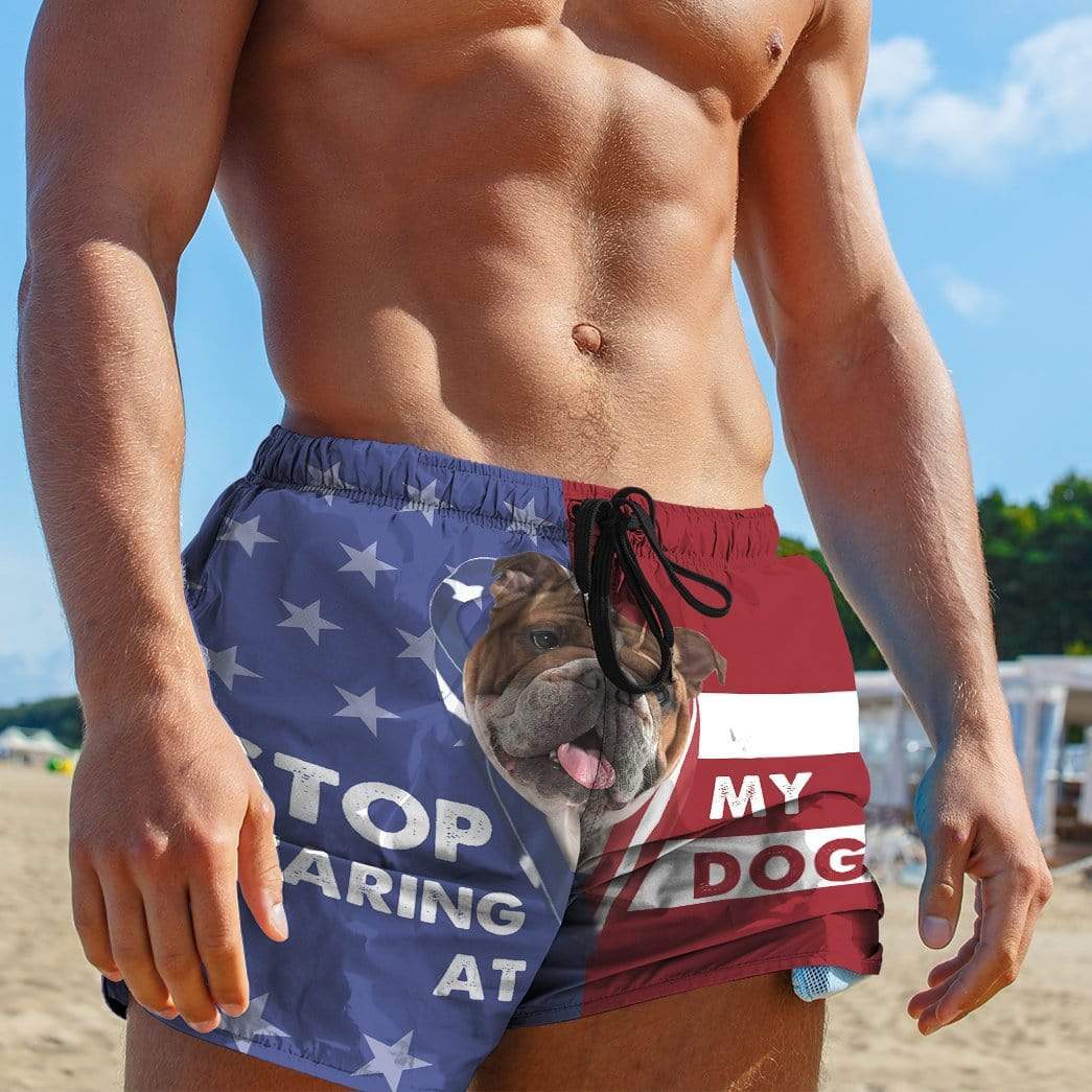 Gearhumans 3D Stop staring at my dog Bulldog Custom Beach Shorts Swim Trunks GV31079 Men Shorts