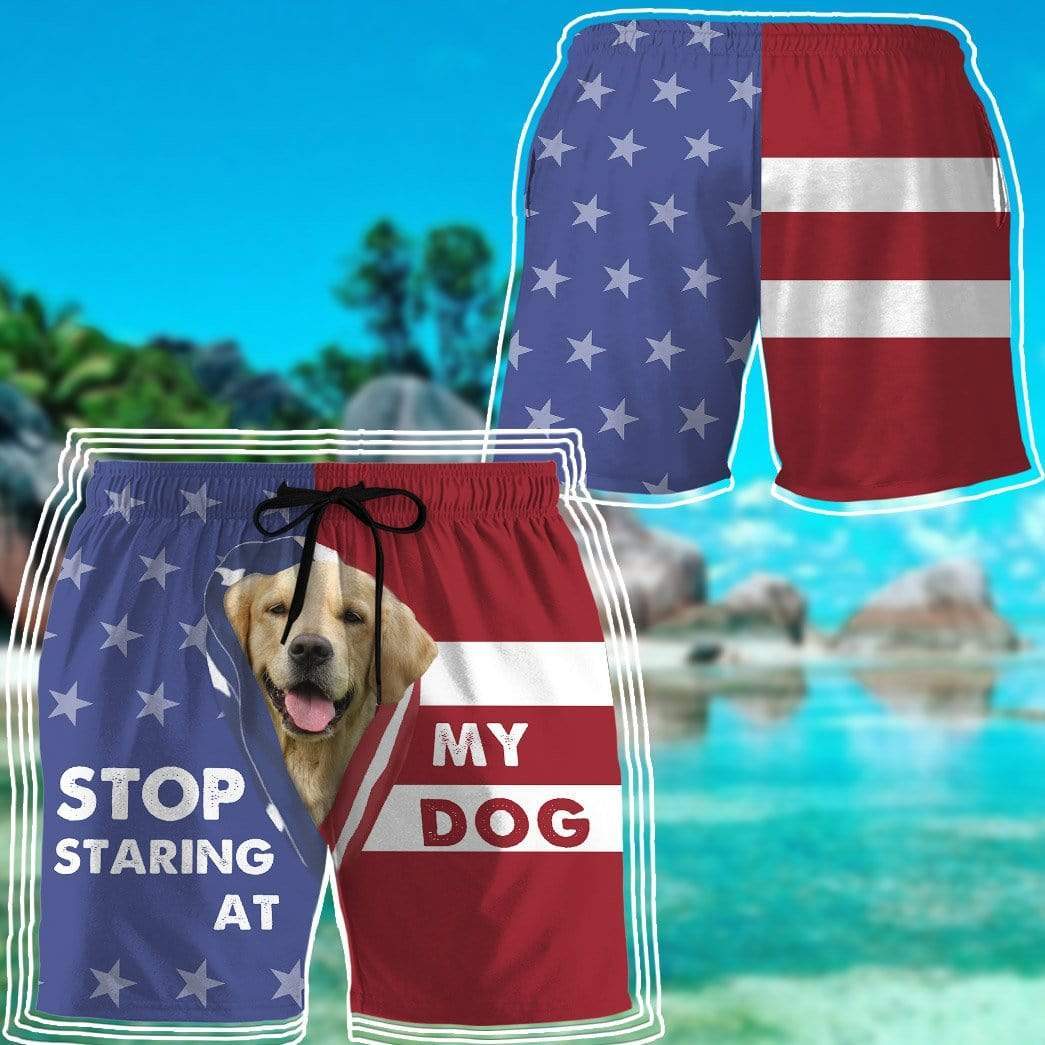 Gearhumans 3D Stop staring at my dog Golden Retriever Custom Beach Shorts Swim Trunks GV310713 Men Shorts