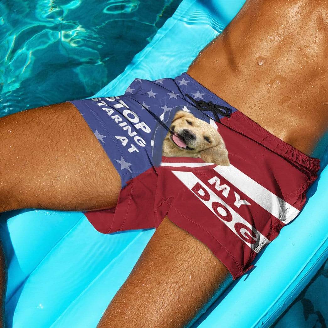 Gearhumans 3D Stop staring at my dog Golden Retriever Custom Beach Shorts Swim Trunks GV310713 Men Shorts