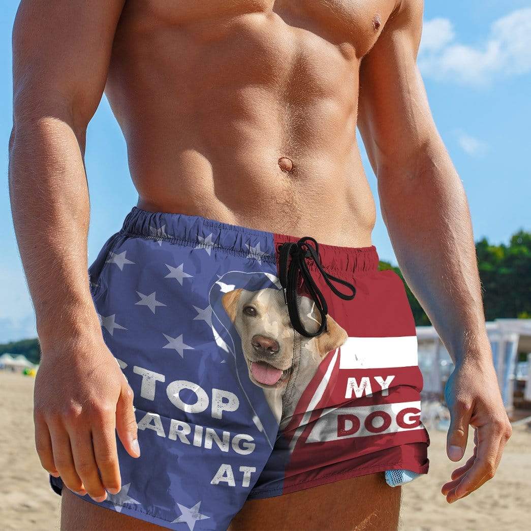 Gearhumans 3D Stop staring at my dog Labrador Retriever Custom Beach Shorts Swim Trunks GV310712 Men Shorts