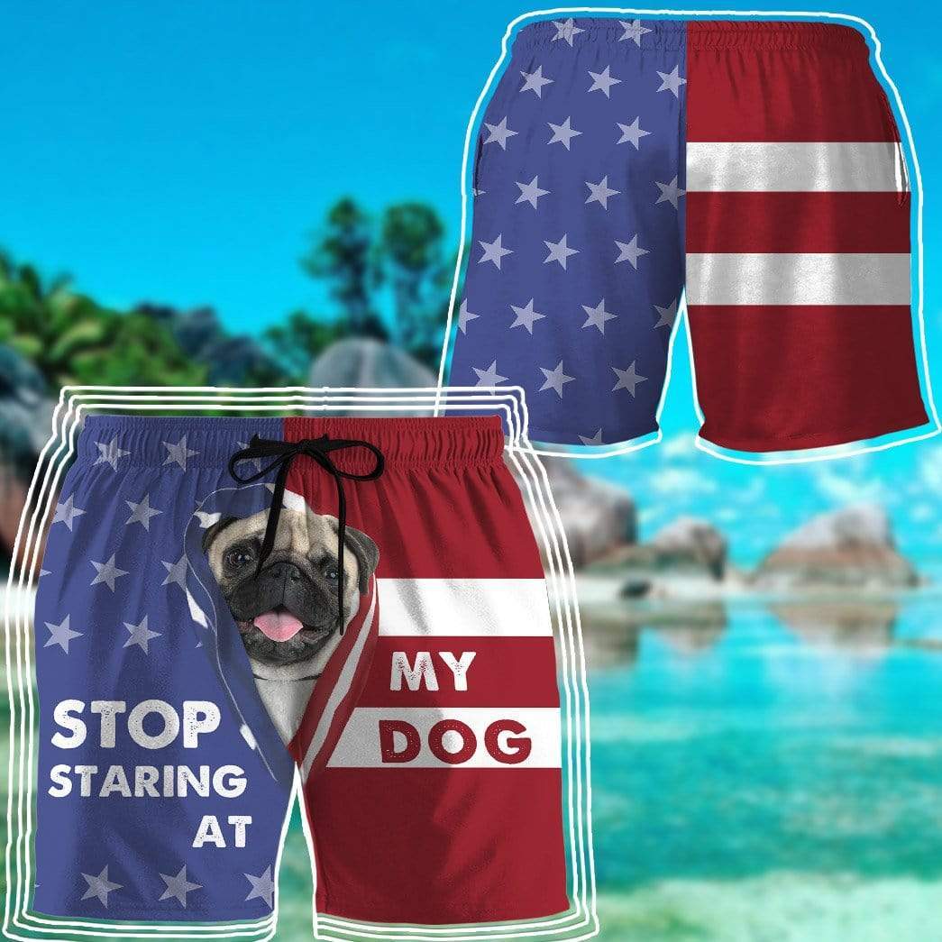 Gearhumans 3D Stop staring at my dog Pug Custom Beach Shorts Swim Trunks GV310711 Men Shorts