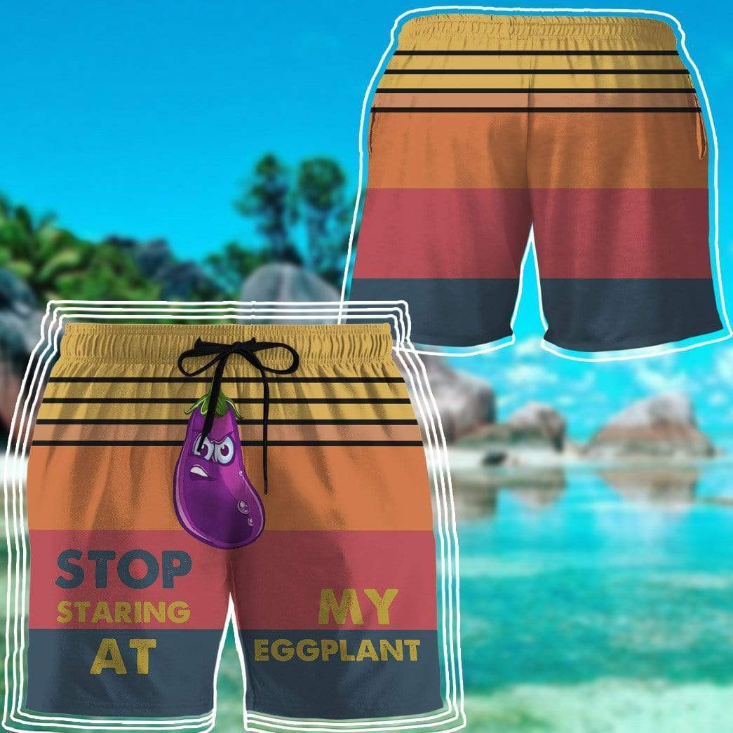 Gearhumans 3D Stop staring at my eggplant Custom Beach Shorts Swim Trunks GV30073 Men Shorts